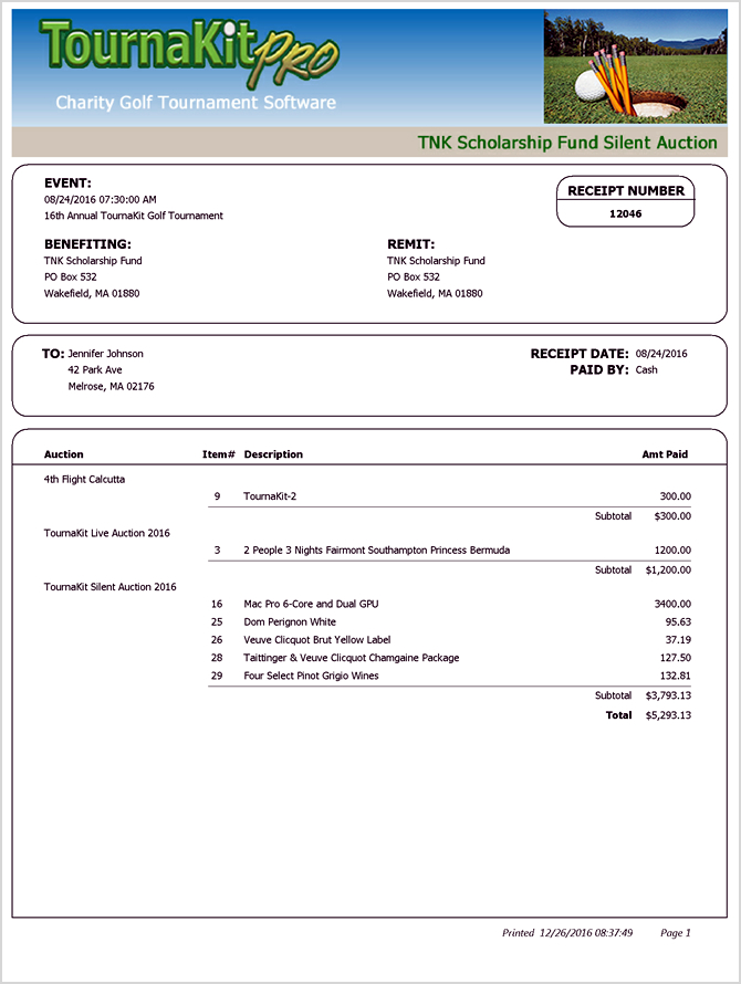 TournaKit Pro Auction Item Buyers Invoices